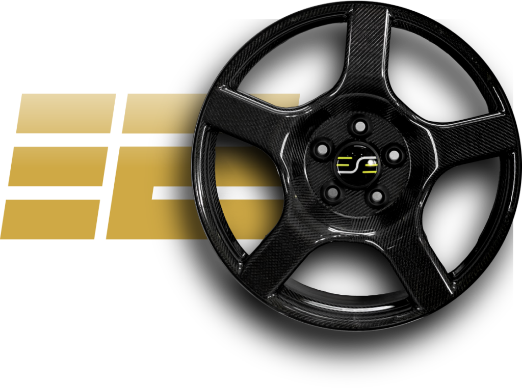 graphic of a one-piece carbon fiber wheel with the ESE logo